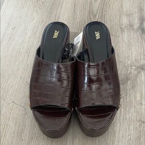 Zara Dark Brown Croc-Patterned Platform Mules